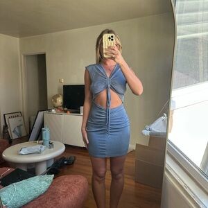 Sleeveless Blue Ruched Cutout Mini Dress with Front Tie